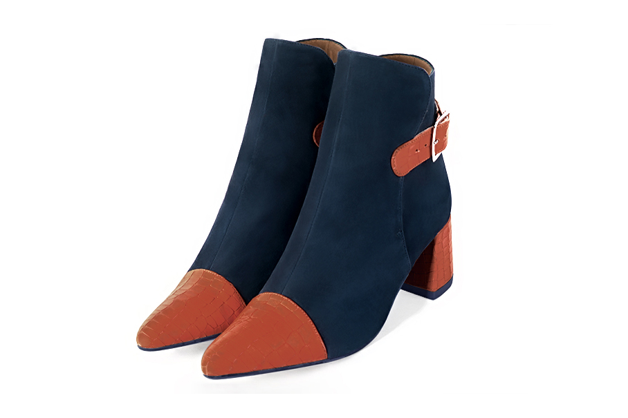 Terracotta orange and navy blue matching ankle boots and bag. Wiew of ankle boots - Florence KOOIJMAN